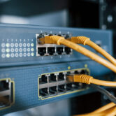 Close up view of internet equipment and cables in the server room Close up view of internet equipment and cables in the server room.