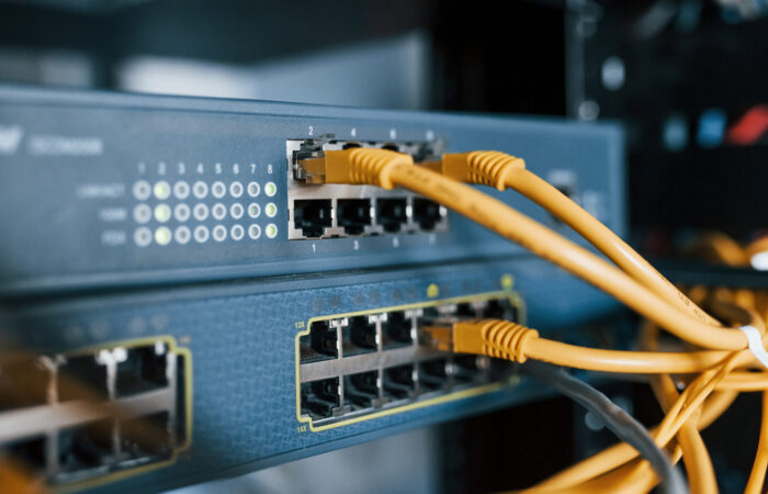 Close up view of internet equipment and cables in the server room Close up view of internet equipment and cables in the server room.